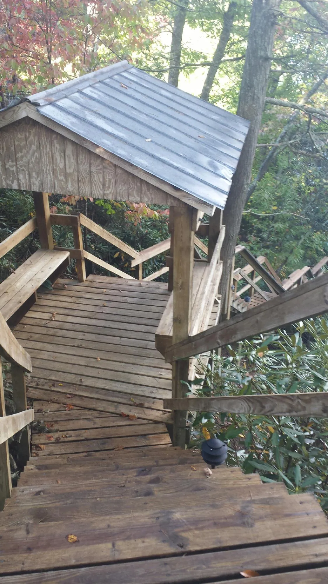 Metal roofed shelter over wooden steps on a wooded walkway — Skylight Repair & Installation work by our crew in Durand